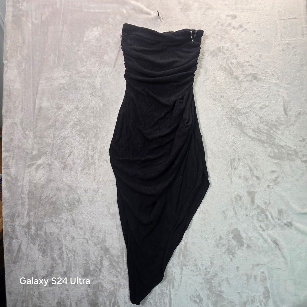 Windsor Black Ribbed Ruched Asymmetrical Hem Strapless Tube Dress Bodycon
